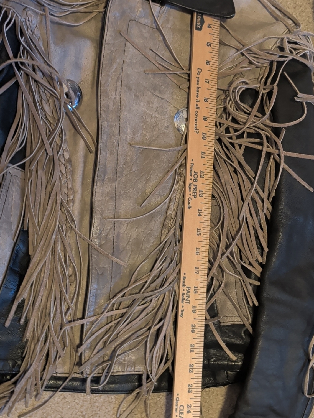 Two-Tone Fringed Leather Moto Jacket in Gray and Black - Picture 6 of 10